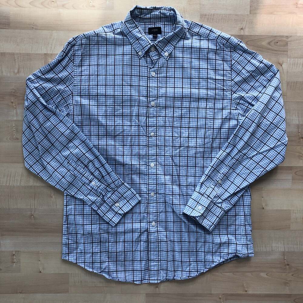 J. Crew Men's Oxford Button Down Dress Shirt Blue White Black Check Size Large